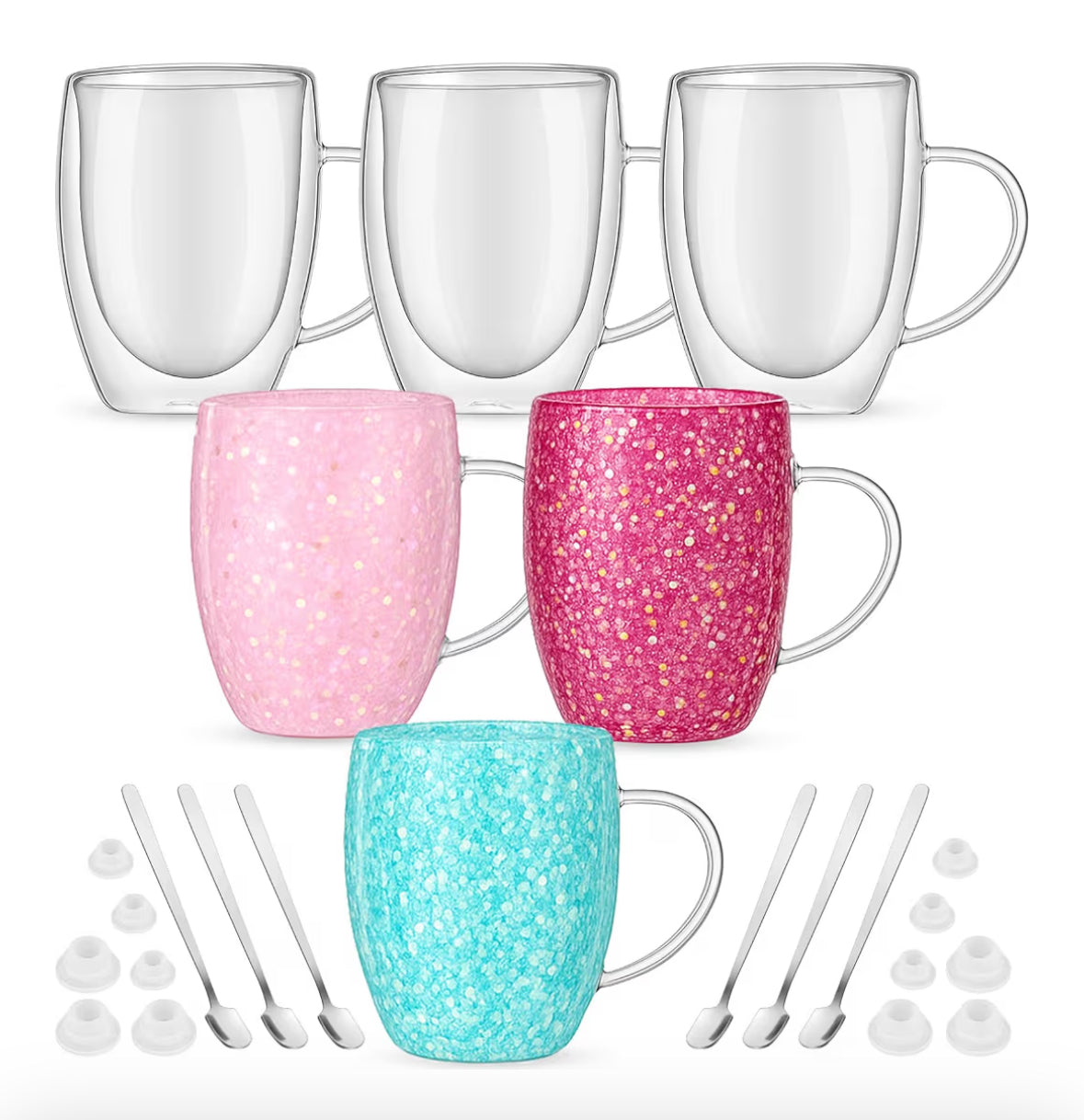 12oz Snow Globe Coffee Cups, Glass Double Walled Mugs with Handle and Spoon Borosilicate Heat Resistant