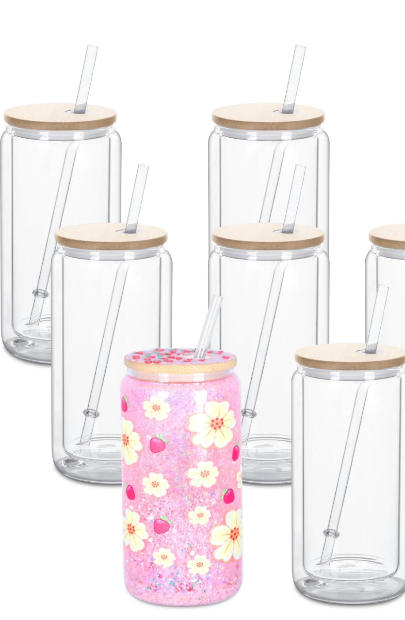 16oz glass snowglobe cups with bamboo lids pick wrap and or decal separately