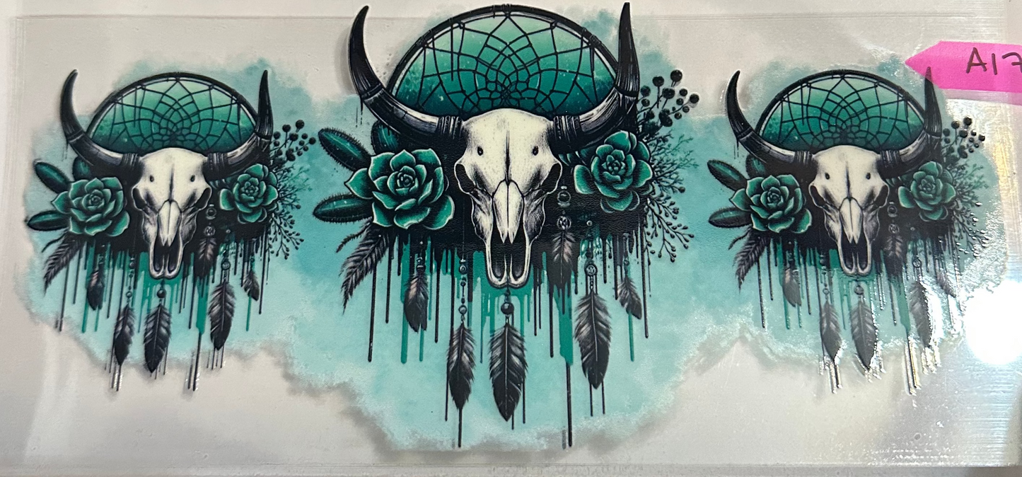 16oz Teal Bull Skulls Cup Wrap