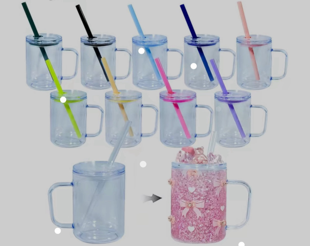 17oz acrylic coffee cups with colored rims and straws!