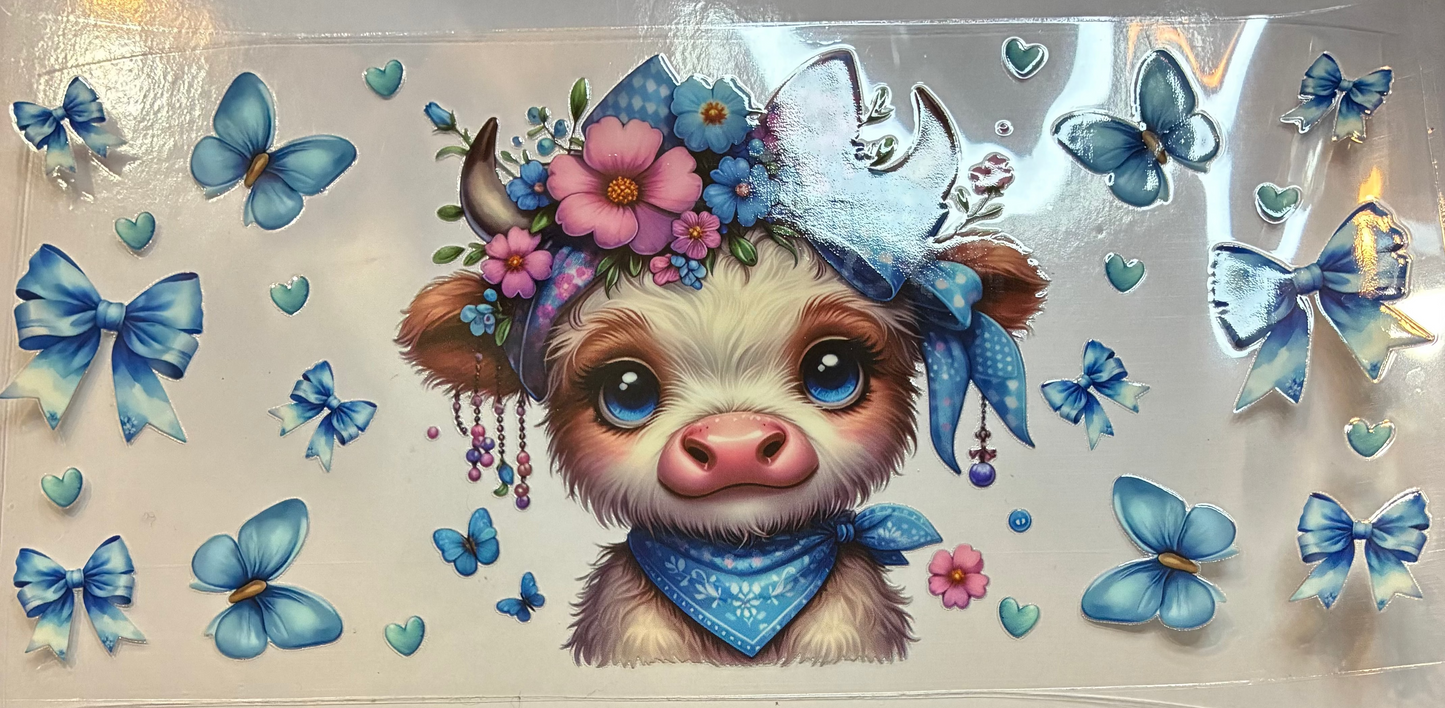 16oz Blue Highland Cow and Butterflies Cup Wrap