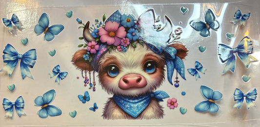 16oz Blue Highland Cow and Butterflies Cup Wrap