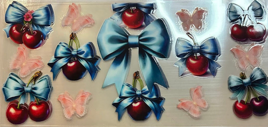 16oz Cherries with Blue Bow and Pink Butterflies Cup Wrap