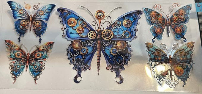 16oz Blue and Gold Mechanical Butterflies Cup Wrap