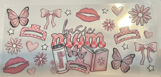 16oz Basic Mom with Pink Bow, Butterfly, Flower, Lips, Hearts, Hairclips Cup Wrap