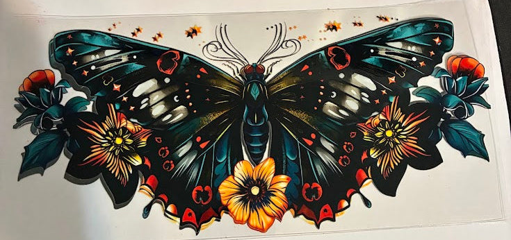 16oz Black and Teal Butterfly with Flowers Cup Wrap